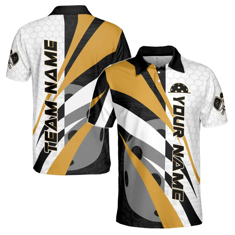 Custom Pickleball Team Men's Polo Shirt: Hexagon Pattern, Personalized Name