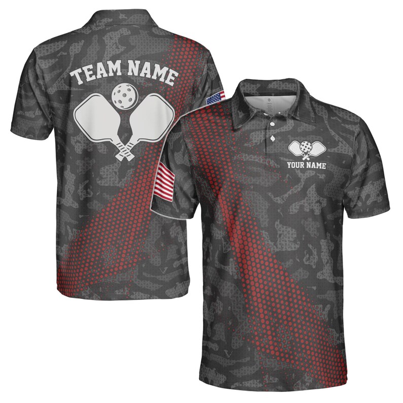 Customized Name Gray Camouflage American Flag Pickleball Men's Polo Shirt