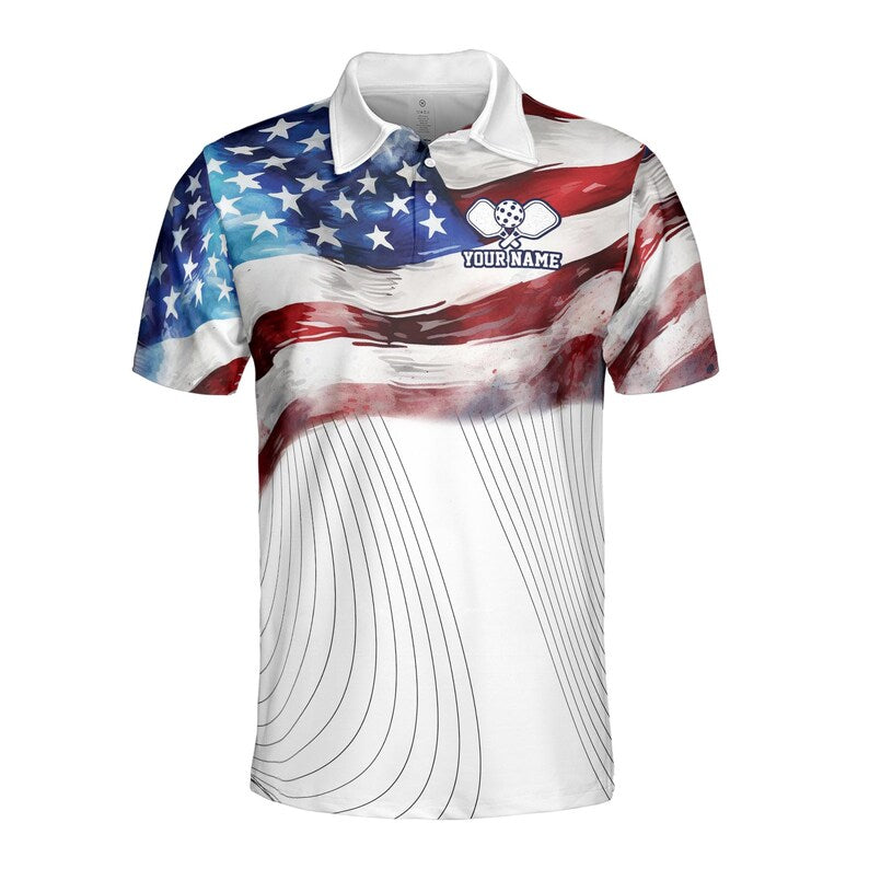 Personalized Name American Flag Patrotic Pickleball Men's Polo Shirt