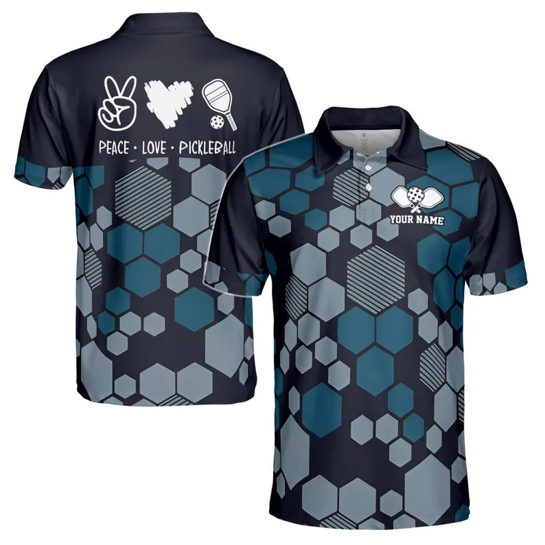 Custom Name Love Peace Pickleball Hexagon Pattern Men's Polo Shirt