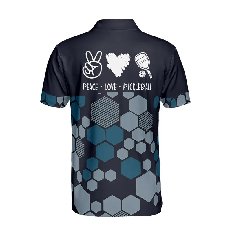 Custom Name Love Peace Pickleball Hexagon Pattern Men's Polo Shirt