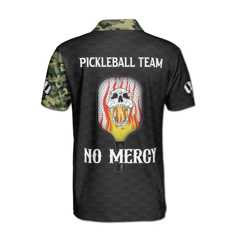 Personalized Name No Mercy Skull Pickleball Camo Pattern Men's Polo Shirt