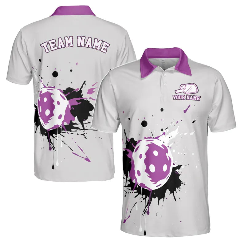 Customized Name Purple Grey Spatter Color Pickleball Men's Polo Shirt
