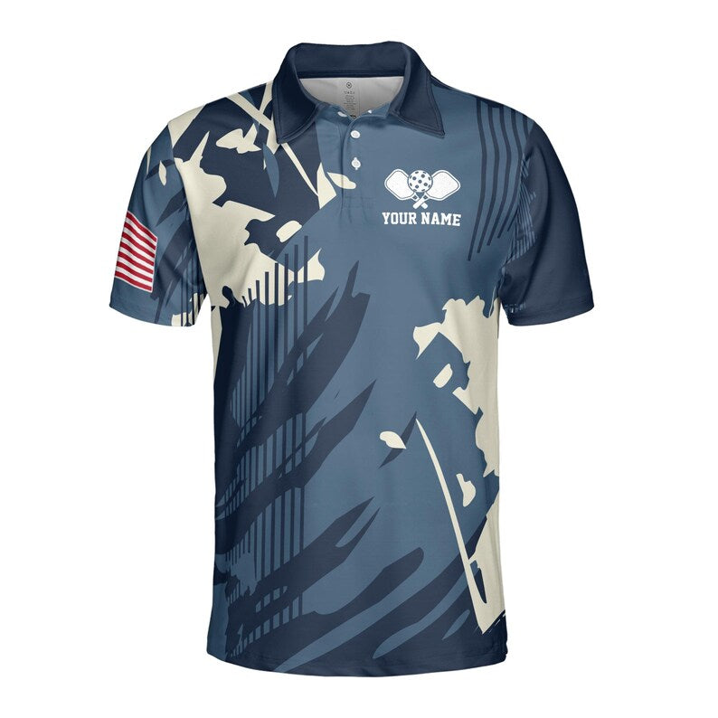 Custom Name America Camo Blue Keep Calm And Play Pickleball Men's Polo Shirt