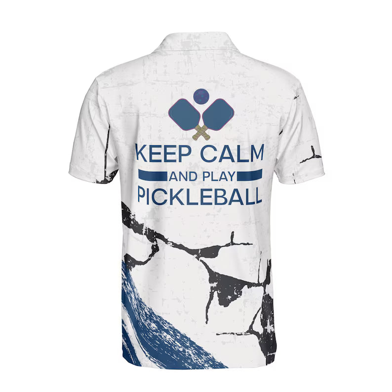 Custom Name Keep Calm And Play Pickleball Blue Men's Polo Shirt
