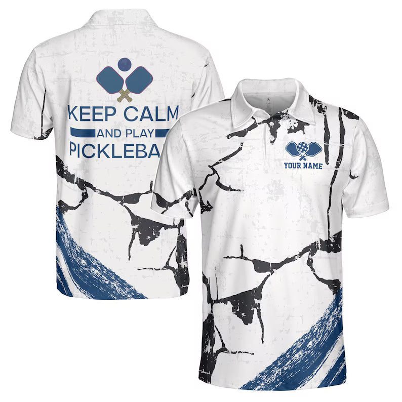 Custom Name Keep Calm And Play Pickleball Blue Men's Polo Shirt