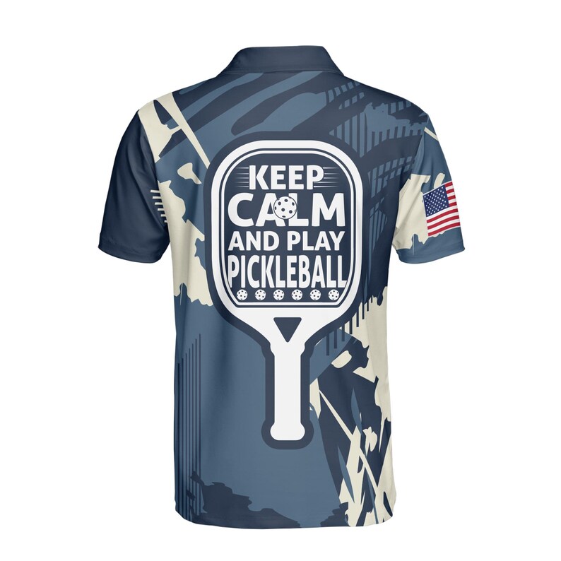 Custom Name America Camo Blue Keep Calm And Play Pickleball Men's Polo Shirt
