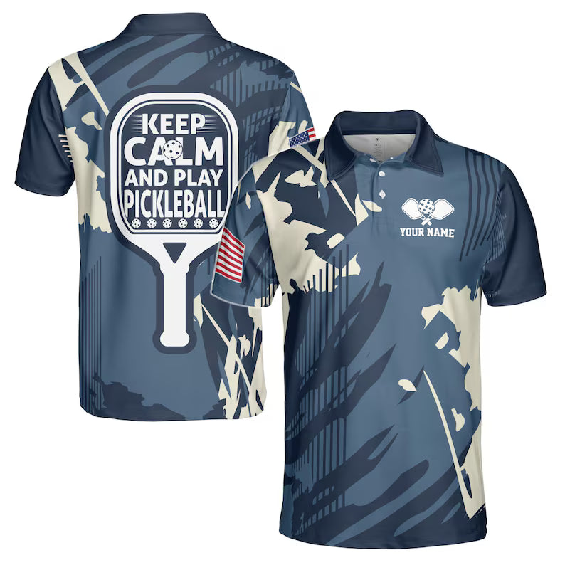 Custom Name America Camo Blue Keep Calm And Play Pickleball Men's Polo Shirt
