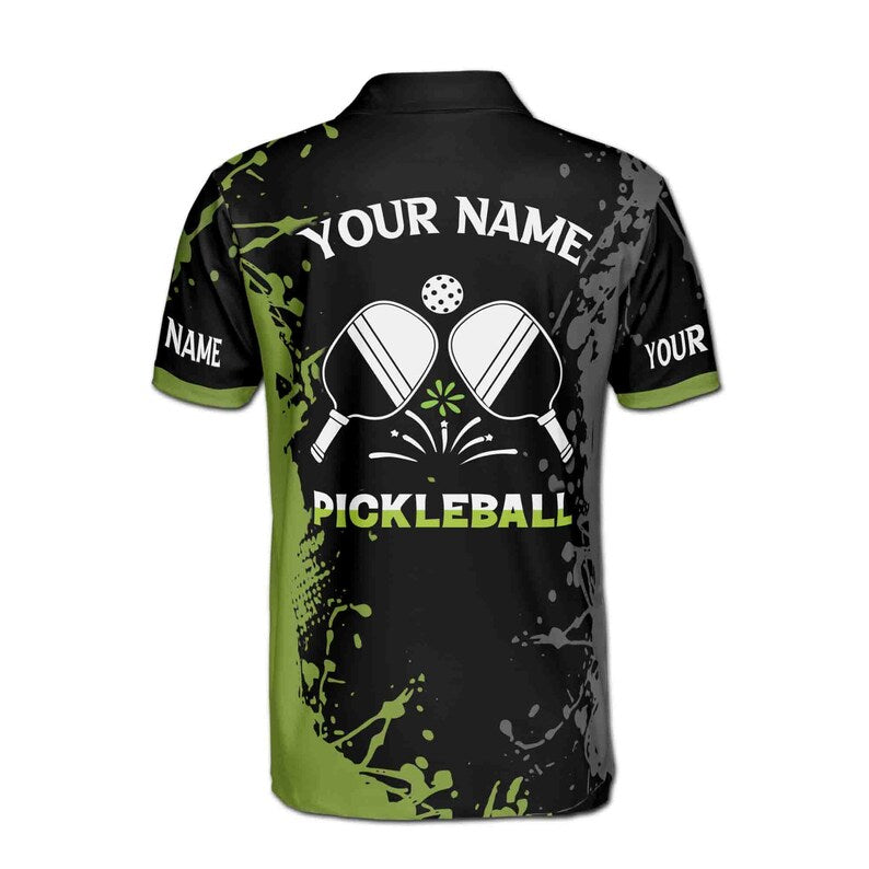 Personalized Name Team Lime Black Spatter Pickleball Men's Polo Shirt
