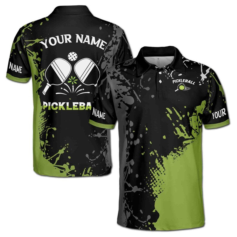 Personalized Name Team Lime Black Spatter Pickleball Men's Polo Shirt