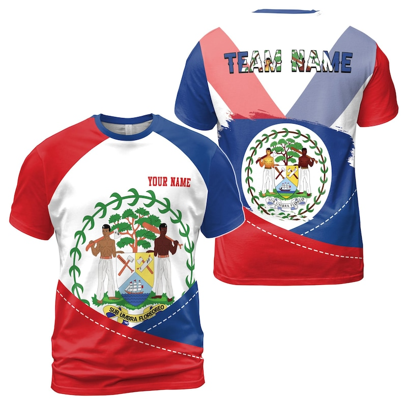 Custom Name Belize Flag Coat Of Arms Red White Blue Patriotic 3D T-shirt (S-5XL)