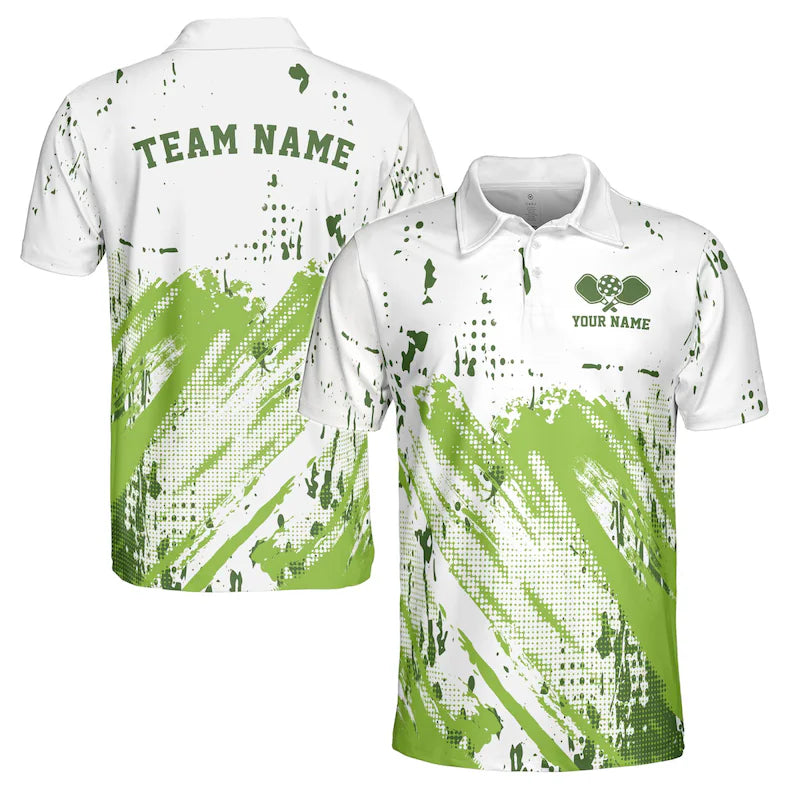 Custom Name Funny Pickleball White Green Stripes and Dots Men's Polo Shirt