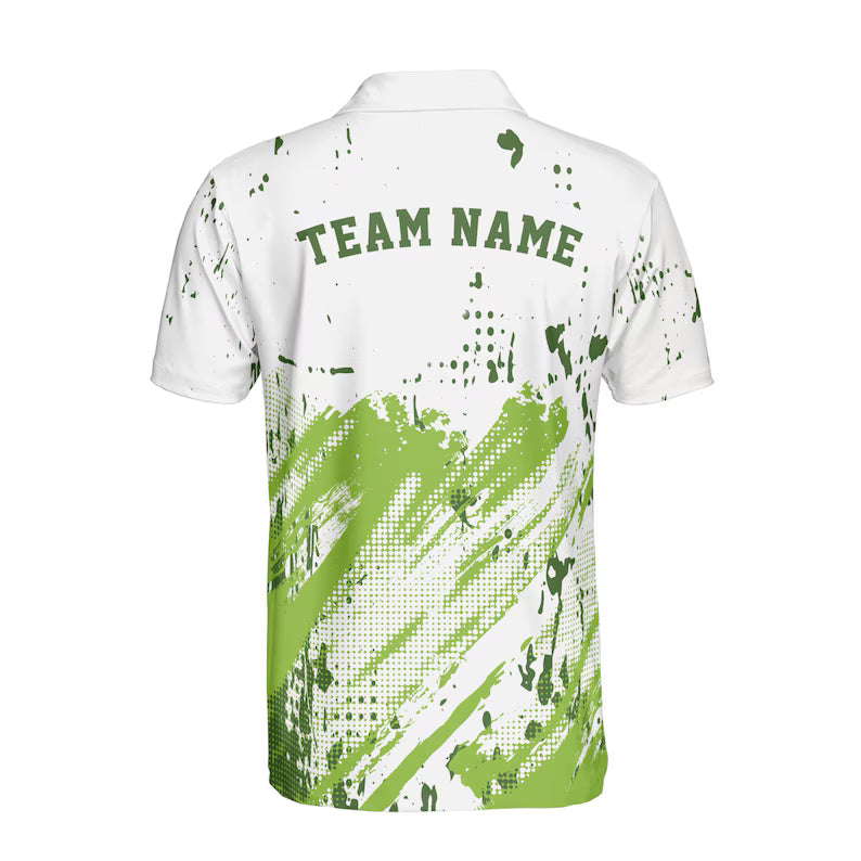 Custom Name Funny Pickleball White Green Stripes and Dots Men's Polo Shirt