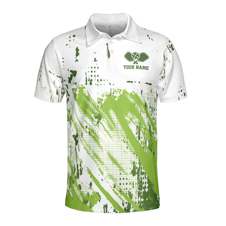 Custom Name Funny Pickleball White Green Stripes and Dots Men's Polo Shirt