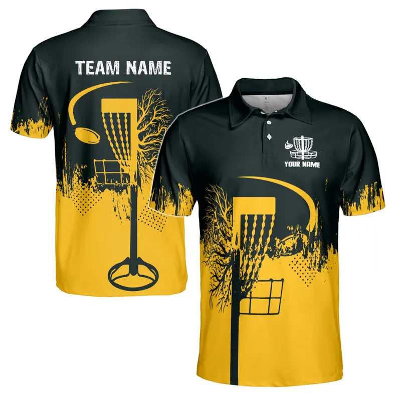 Custom Name Team Disc Golf Grunge Black Yellow Pattern Men's Polo Shirt