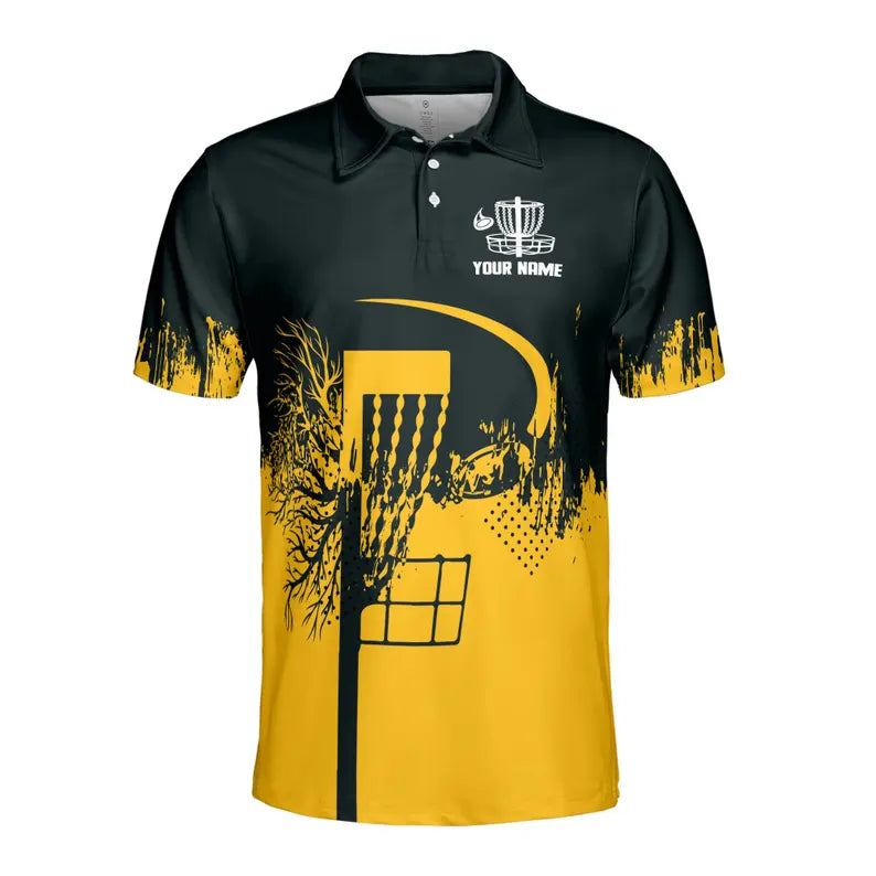 Custom Name Team Disc Golf Grunge Black Yellow Pattern Men's Polo Shirt