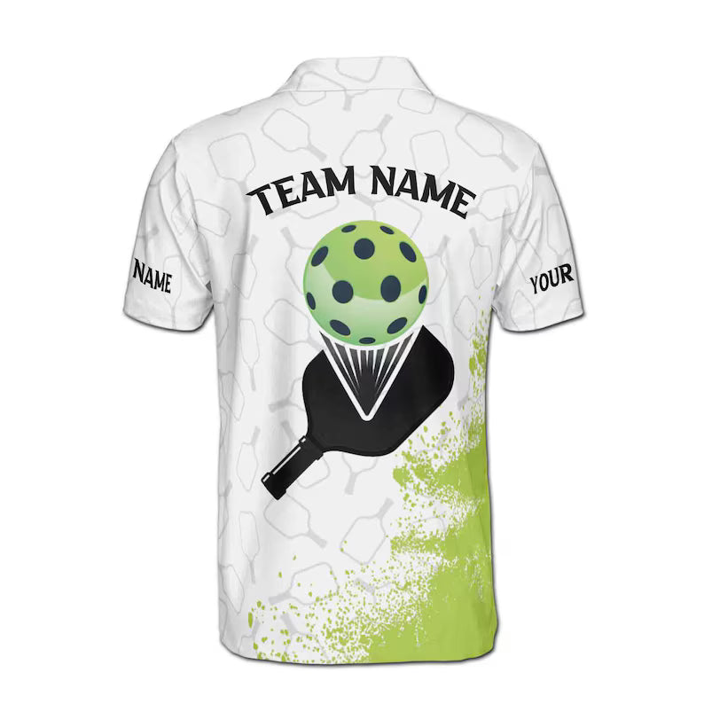 Custom Name Team Pickleball White Green Paddle Men's Polo Shirt