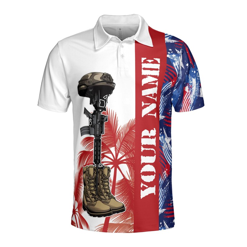 Custom Name Veteran American Flag Summer Pattern Men's Polo Shirt
