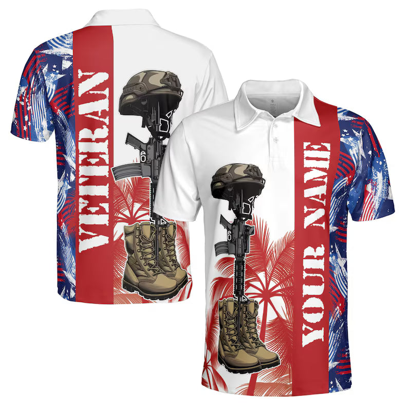 Custom Name Veteran American Flag Summer Pattern Men's Polo Shirt