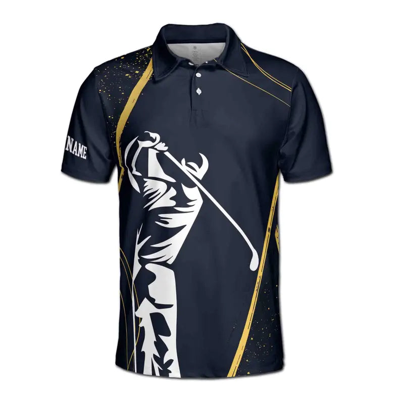 Custom Name Stylized Golf Player Swing Golden Spatter Men's Polo Shirt
