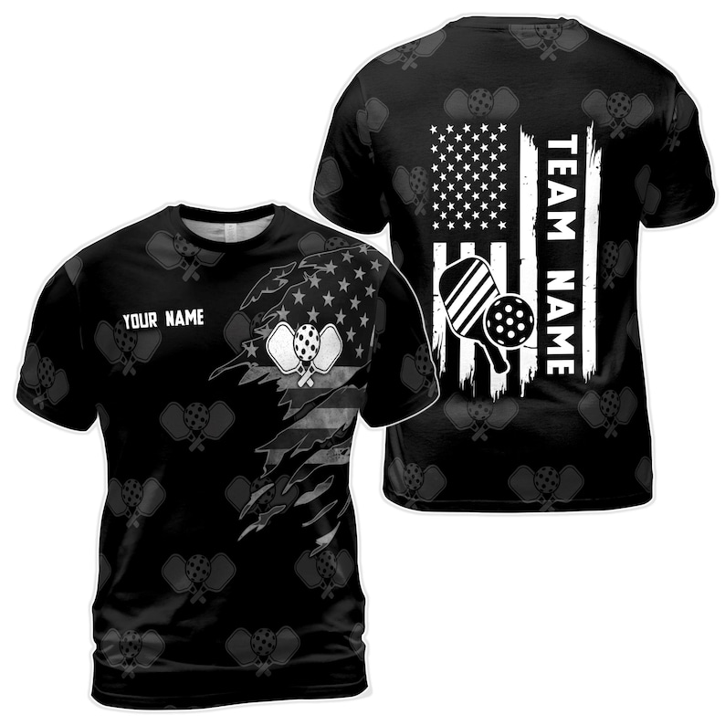 Customized Pickleball Paddle American Flag Team Black Ball Men's 3D T-shirt S-5XL