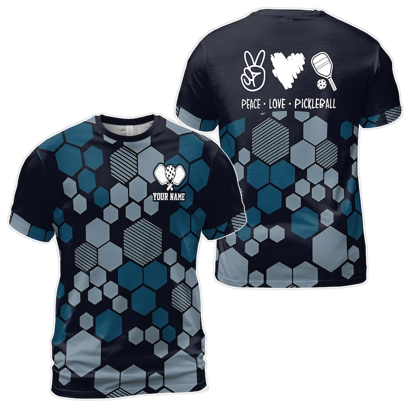 Custom Name Pickleball Team Hexagon Pattern Peace Love Black Men's 3D T-shirt S-5XL
