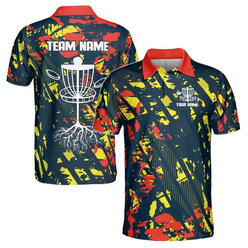 Custom Name Team Disc Golf Splatter Orange Yellow Paint Men's Polo Shirt