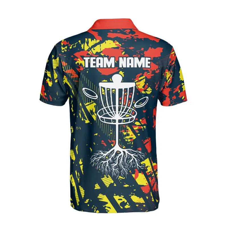 Custom Name Team Disc Golf Splatter Orange Yellow Paint Men's Polo Shirt
