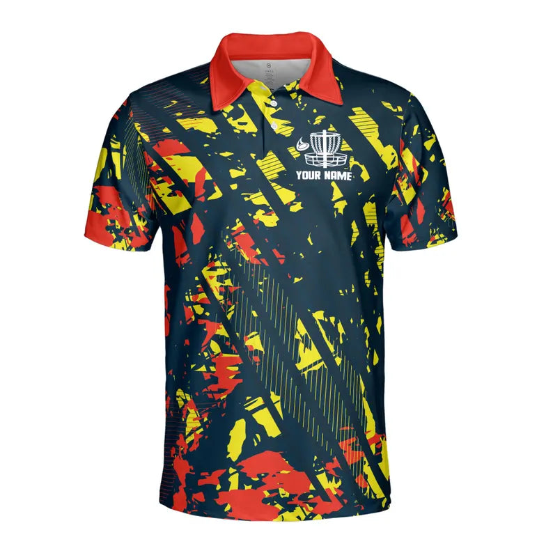 Custom Name Team Disc Golf Splatter Orange Yellow Paint Men's Polo Shirt
