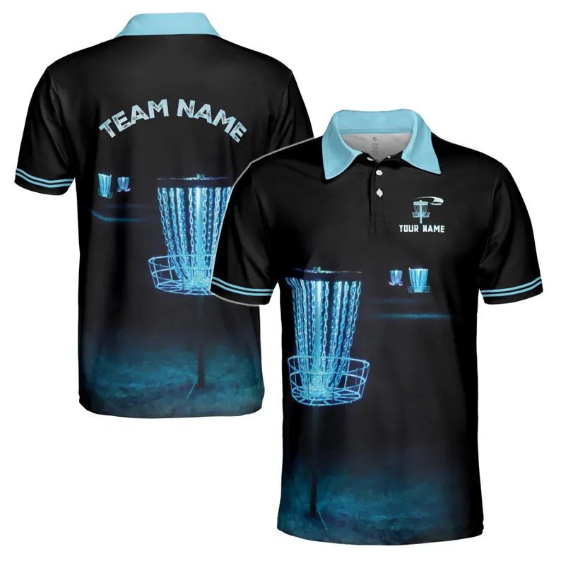 Custom Name Team Disc Golf Fantasy Black Blue Men's Polo Shirt
