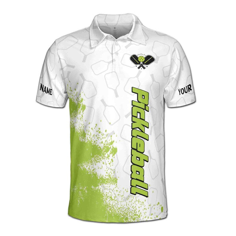 Custom Name Team Pickleball White Green Paddle Men's Polo Shirt