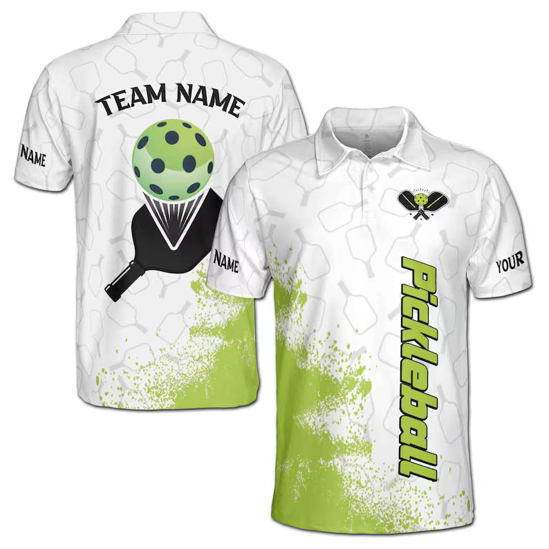 Custom Name Team Pickleball White Green Paddle Men's Polo Shirt