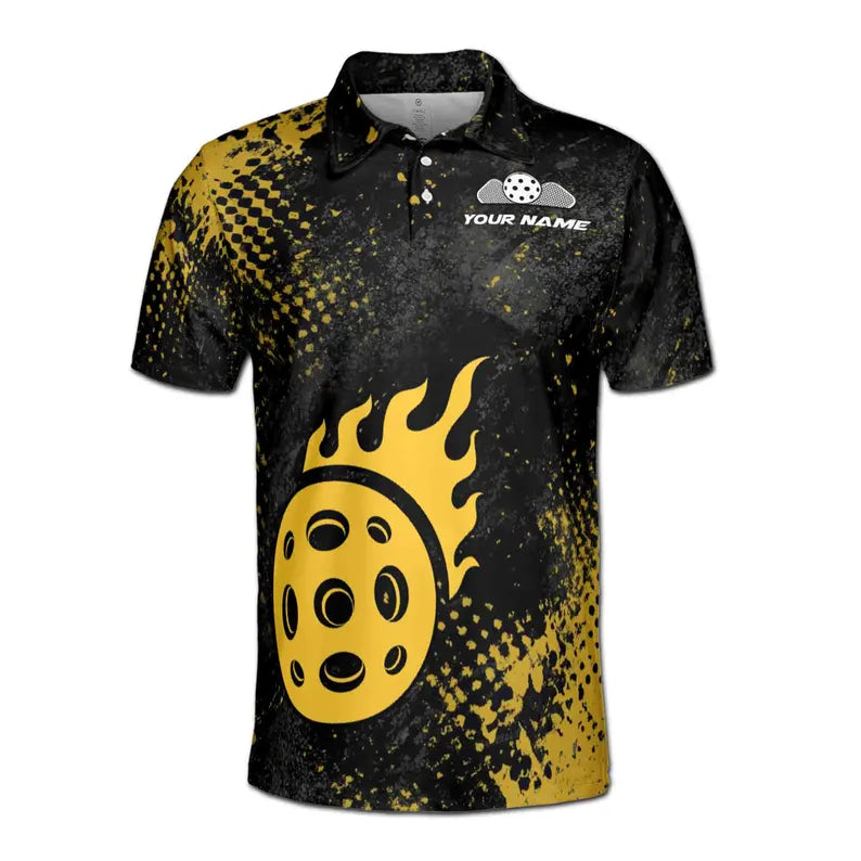 Custom Name Team Pickleball on Fire Yellow Men's Polo Shirt