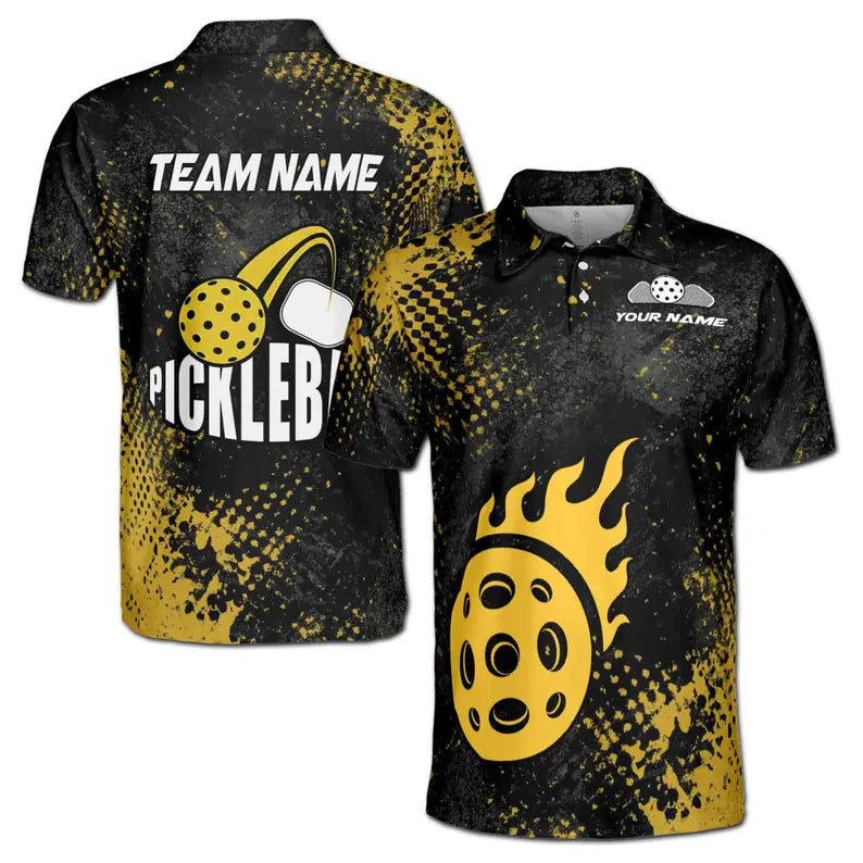 Custom Name Team Pickleball on Fire Yellow Men's Polo Shirt