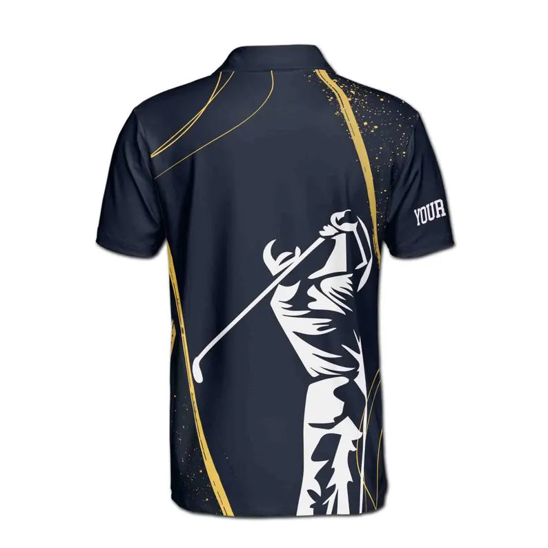Custom Name Stylized Golf Player Swing Golden Spatter Men's Polo Shirt