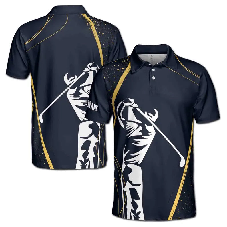 Custom Name Stylized Golf Player Swing Golden Spatter Men's Polo Shirt