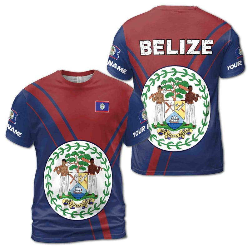 Customize Name Belize Flag Coat Of Arms Red Blue 3D T-Shirt (S-5XL)