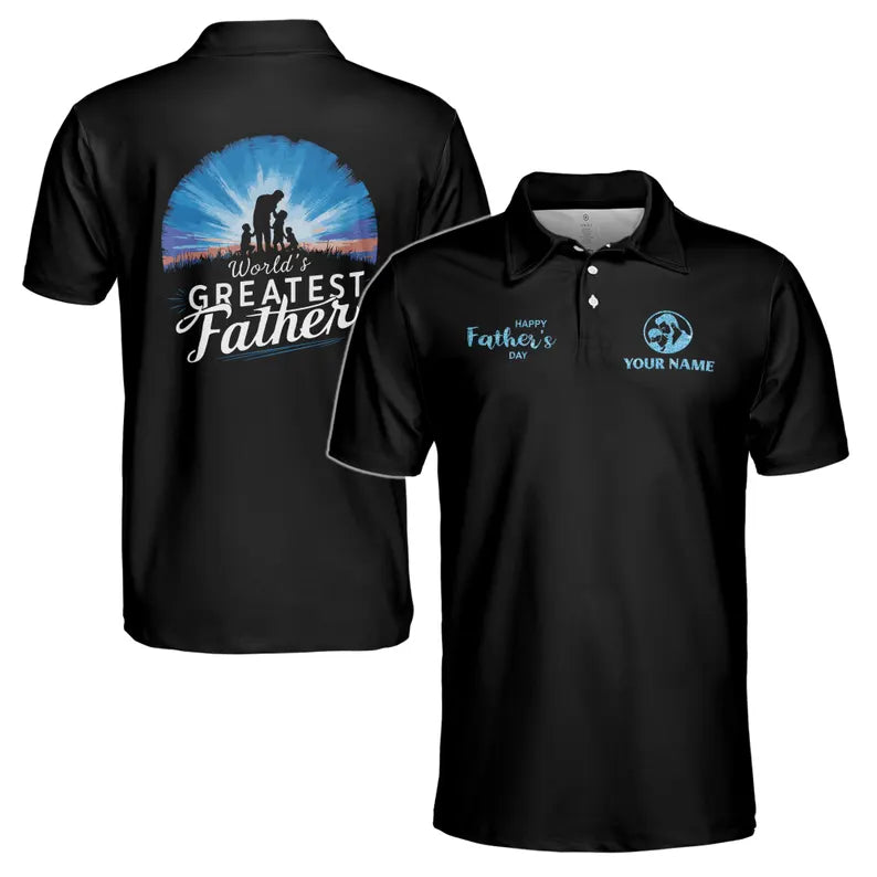 Customize Name Dad Children Landscape Silhouette Black 3D Men's Polo Shirt
