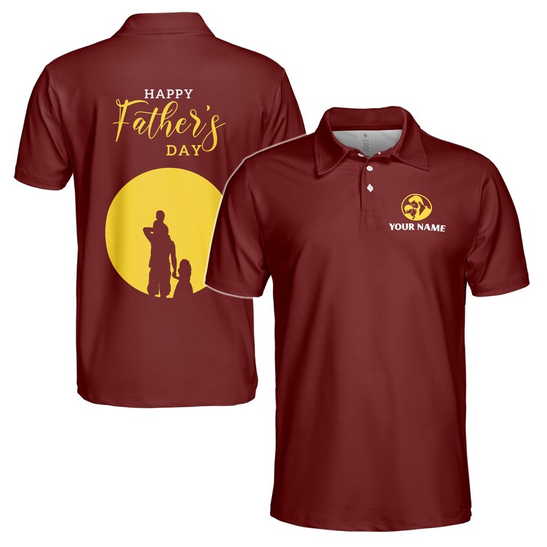 Customize Name Happy Dad Children Silhouette Red 3D Men's Polo Shirt