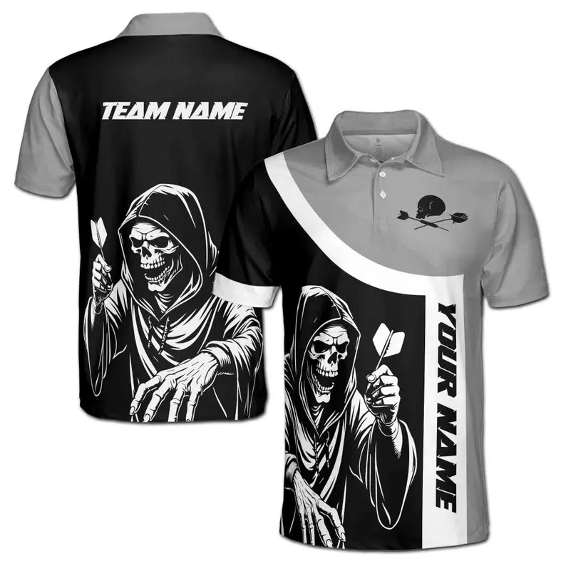 Customize Name Darts Grim Reaper Skeleton Rose Black Grey 3D Men's Polo Shirt