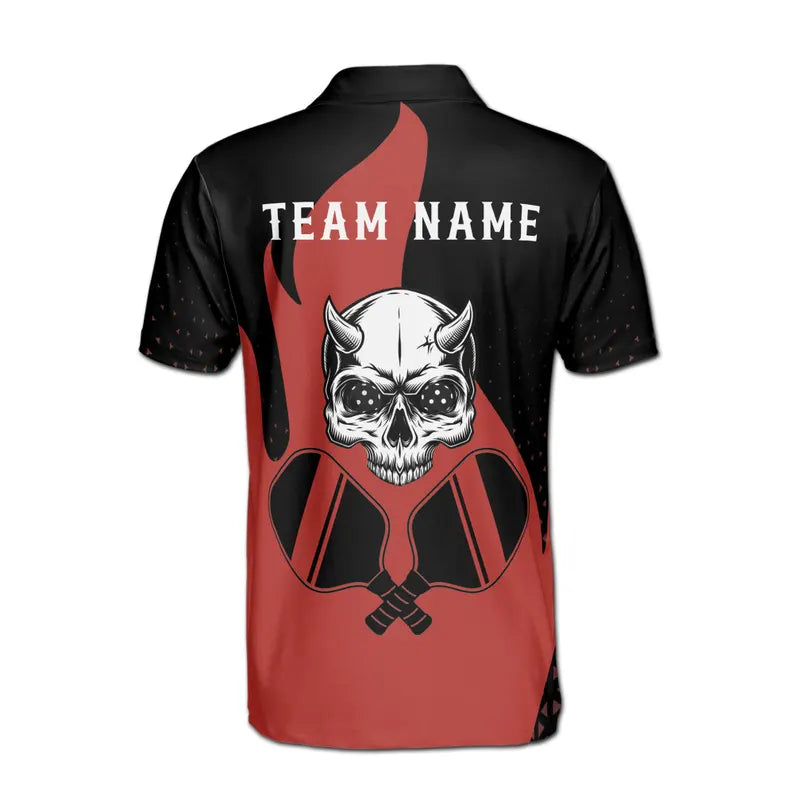 Customize Name Pickleball Paddle Flaming Horned Skull Black Red 3D Men's Polo Shirt