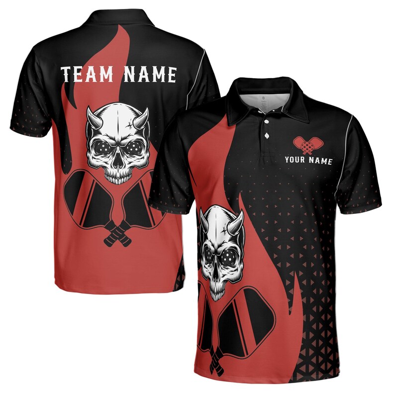 Customize Name Pickleball Paddle Flaming Horned Skull Black Red 3D Men's Polo Shirt