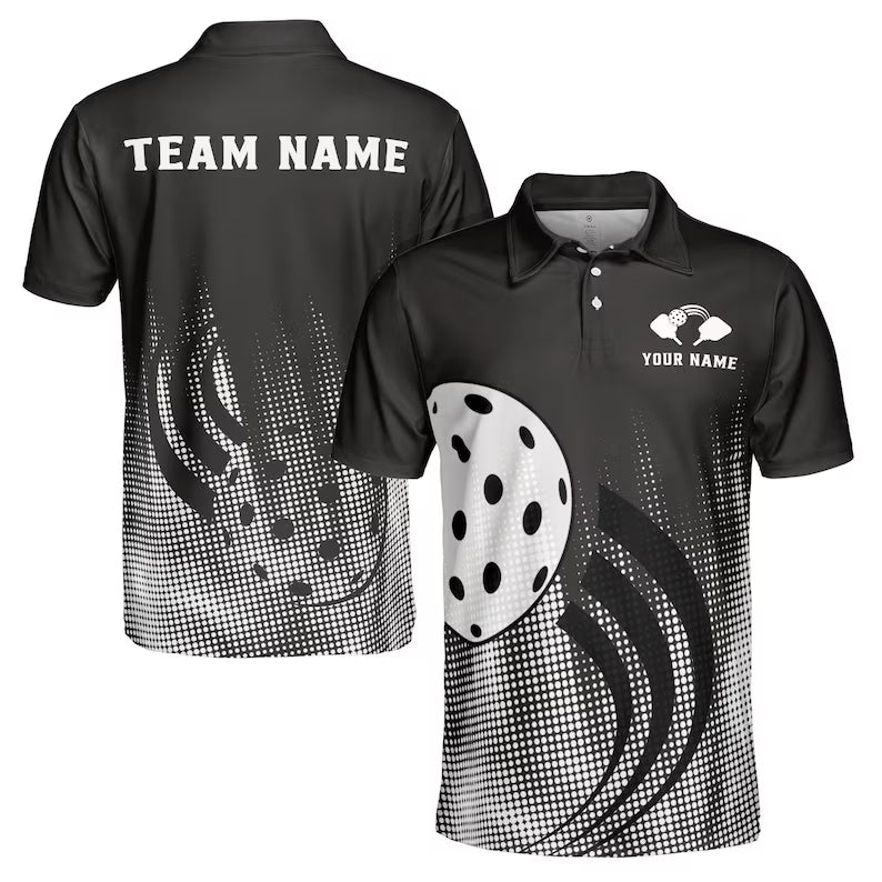 Customize Name Pickleball Paddle Swing Black White 3D Men's Polo Shirt