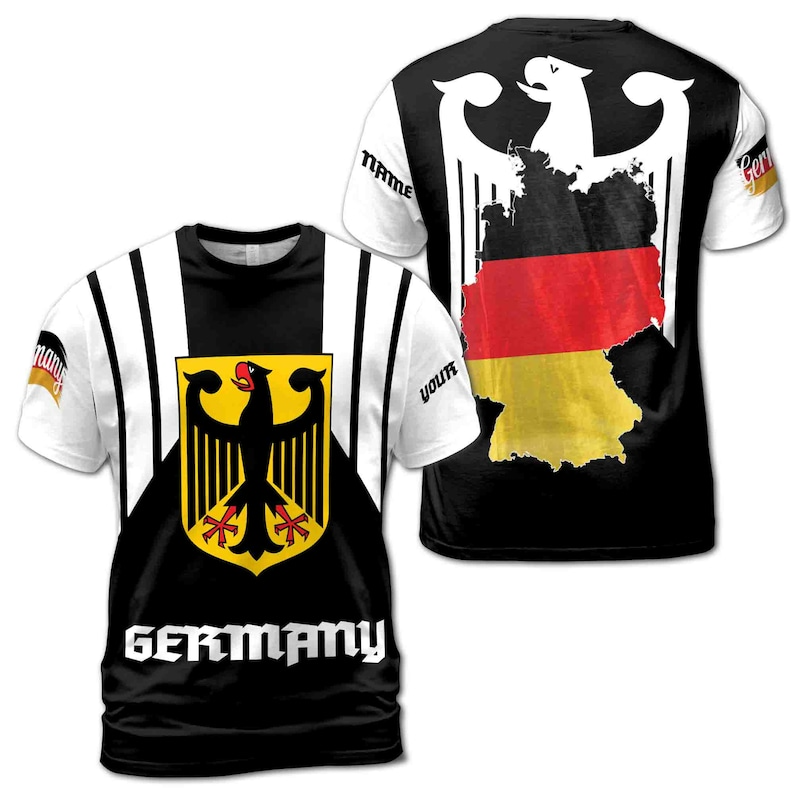 Customize Name Germany Flag Coat Of Arms Eagle Black White 3D T-Shirt S-5XL