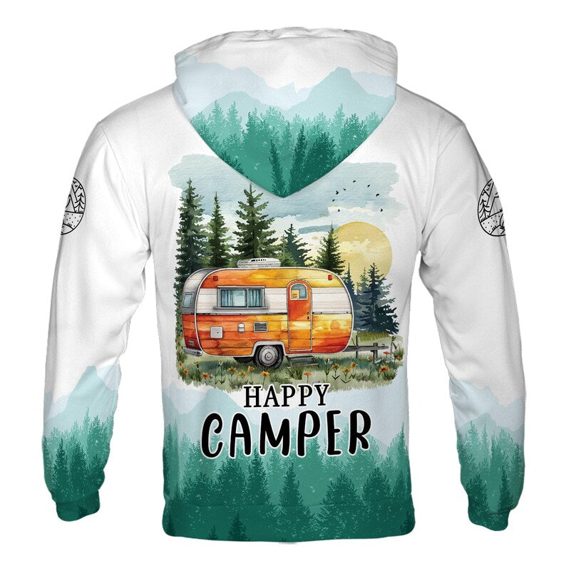 Custom Name Happy Camper Forest Ape Mountain Tent Design Hoodie 3D
