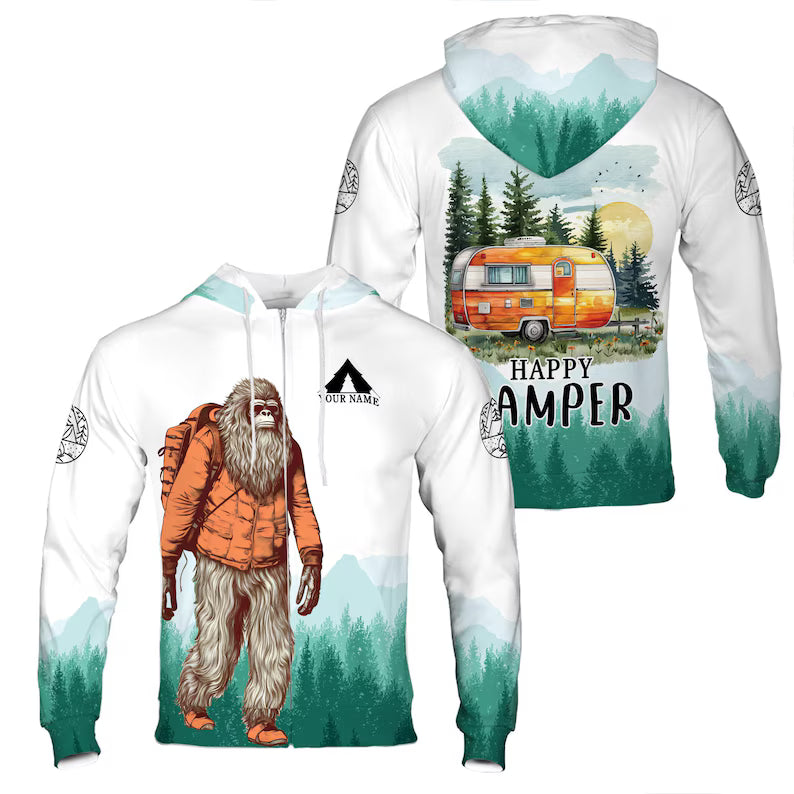 Custom Name Happy Camper Forest Ape Mountain Tent Design Hoodie 3D