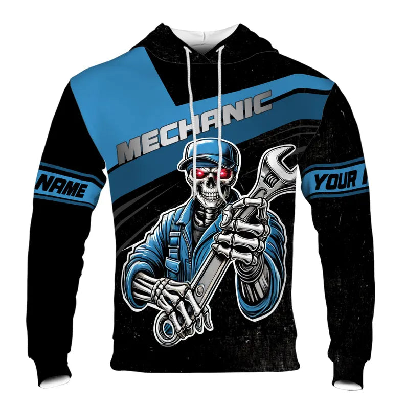 Custom Name Mechanic Skeleton Pattern Hoodie 3D
