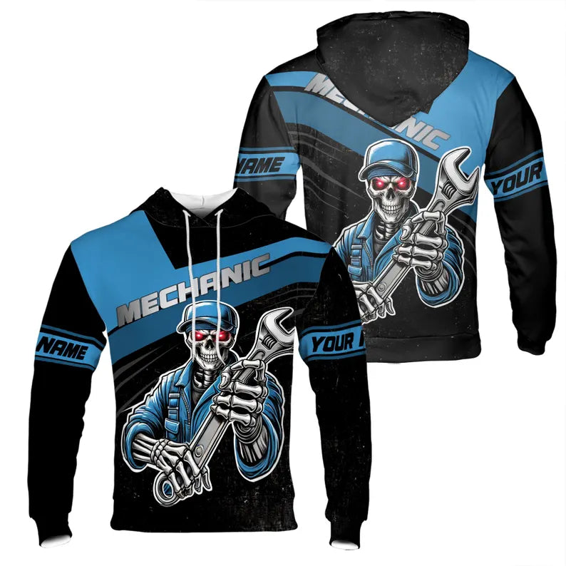 Custom Name Mechanic Skeleton Pattern Hoodie 3D