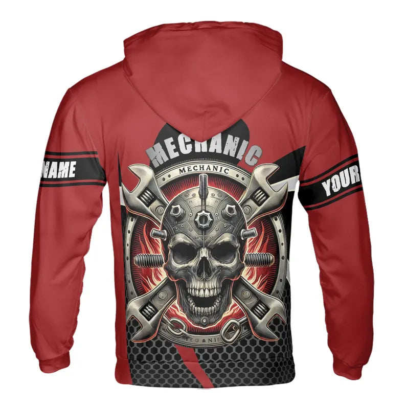 Custom Name Mechanic Tool Skull Gears Red Hoodie 3D