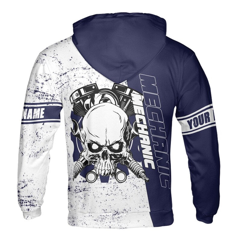 Custom Name Mechanic Skull Gears Dark Blue White Hoodie 3D